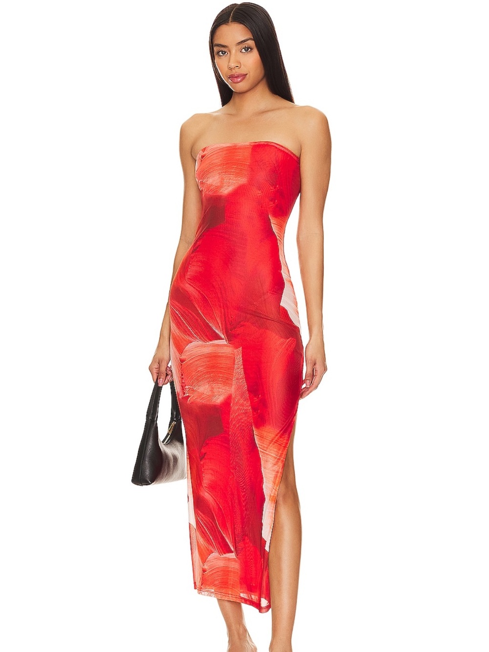 More to Come Strapless Red Abstract Maxi Dress with Side Slit